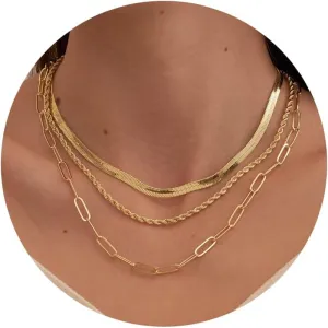 14K Gold/Silver Plated Necklaces -  Snake Chain, Herringbone, Rope or Layered