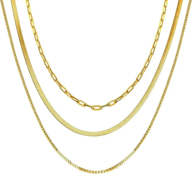 14K Gold/Silver Plated Necklaces -  Snake Chain, Herringbone, Rope or Layered