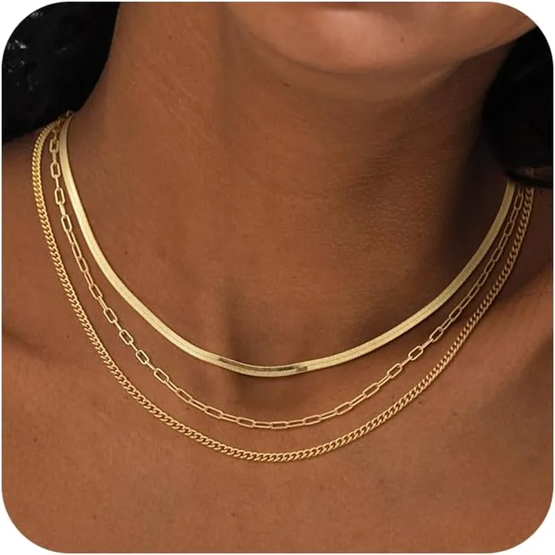 14K Gold/Silver Plated Necklaces -  Snake Chain, Herringbone, Rope or Layered