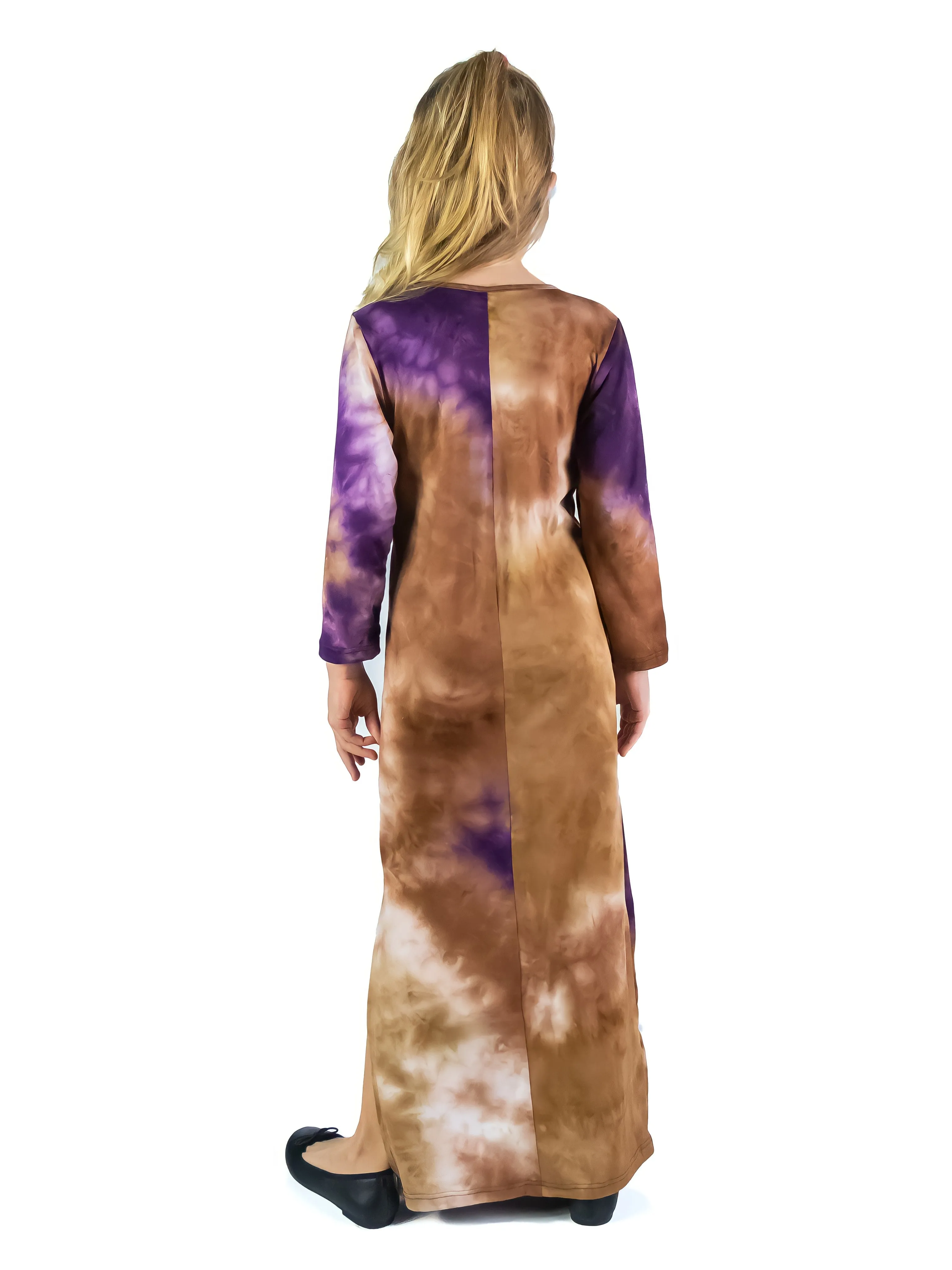 24seven Comfort Apparel Purple Tie Dye Girls Long Sleeve Side Slit Maxi Dress