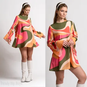 70s Dress Style, Bell Sleeve Dress, 70s mini dress, Boho Dress, Groovy 70s Style Dress, Bohemian dress, Hippie Dress, Multicolor Tent Dress