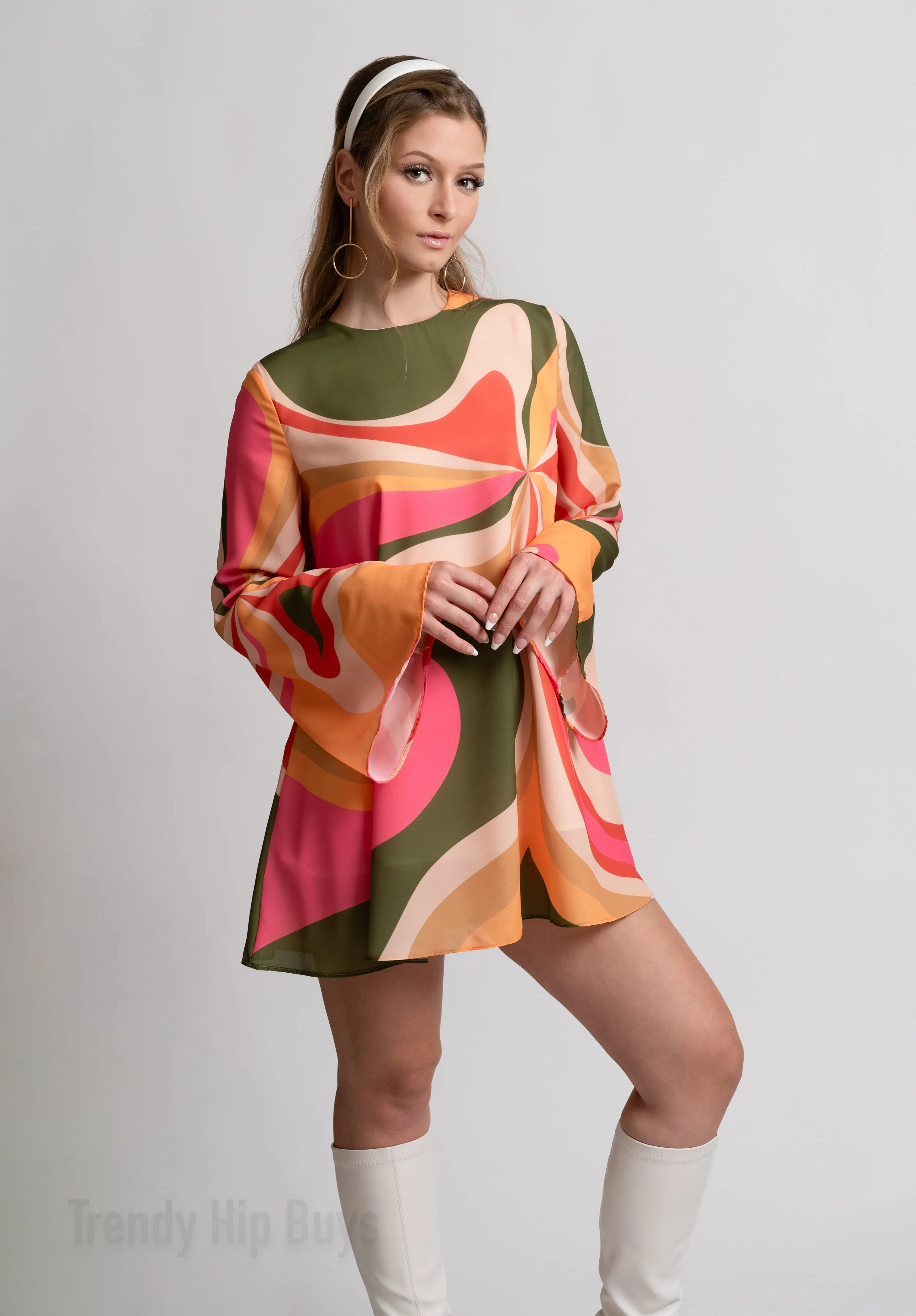 70s Dress Style, Bell Sleeve Dress, 70s mini dress, Boho Dress, Groovy 70s Style Dress, Bohemian dress, Hippie Dress, Multicolor Tent Dress