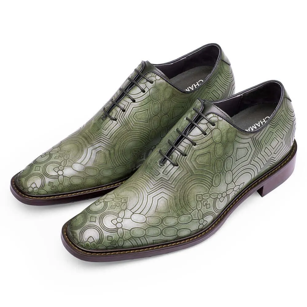 8CM / 3.15 Inches - CMR CHAMARIPA Height Increasing Shoes For Men - Green Chain Texture Print Handmade Elevator Shoes - Patina Leather Plain Oxfords