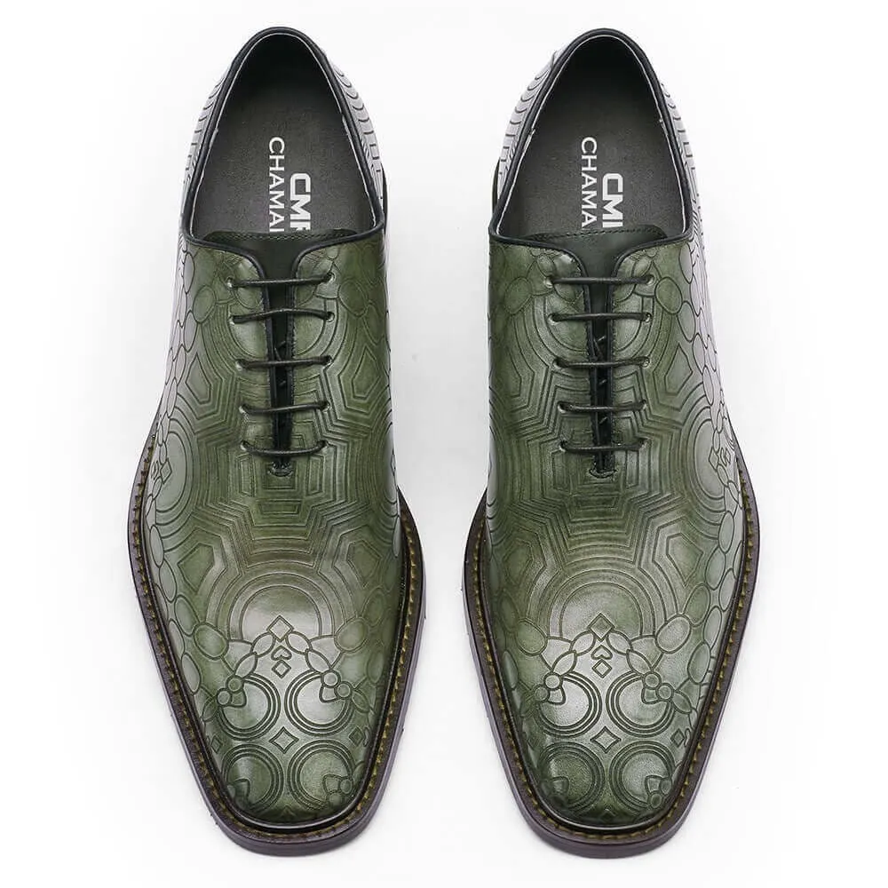 8CM / 3.15 Inches - CMR CHAMARIPA Height Increasing Shoes For Men - Green Chain Texture Print Handmade Elevator Shoes - Patina Leather Plain Oxfords