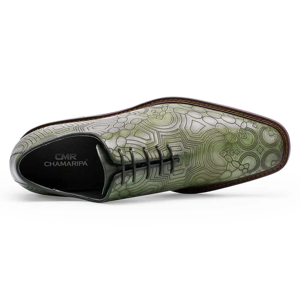 8CM / 3.15 Inches - CMR CHAMARIPA Height Increasing Shoes For Men - Green Chain Texture Print Handmade Elevator Shoes - Patina Leather Plain Oxfords