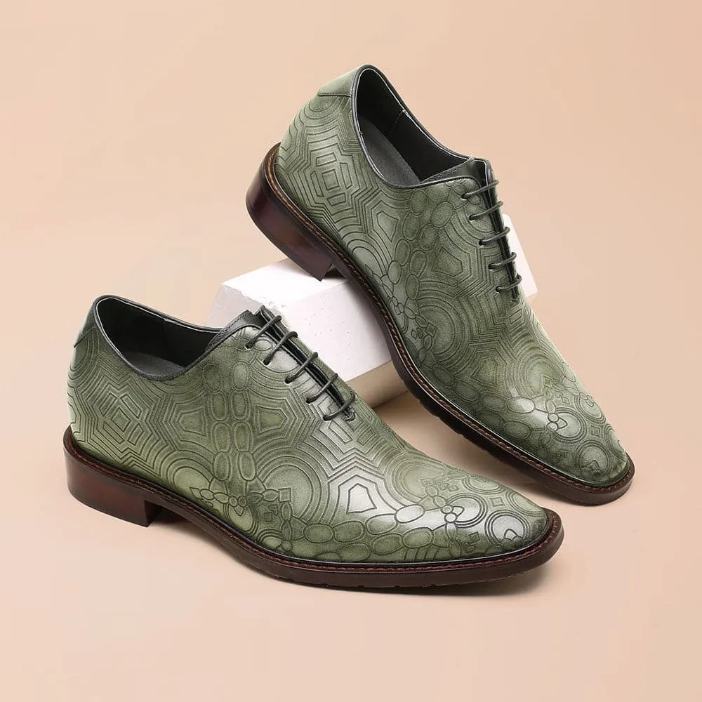 8CM / 3.15 Inches - CMR CHAMARIPA Height Increasing Shoes For Men - Green Chain Texture Print Handmade Elevator Shoes - Patina Leather Plain Oxfords