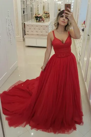 A-line Red Tulle Prom Gown with Double Shoulder Straps,Formal Dress with Long Train