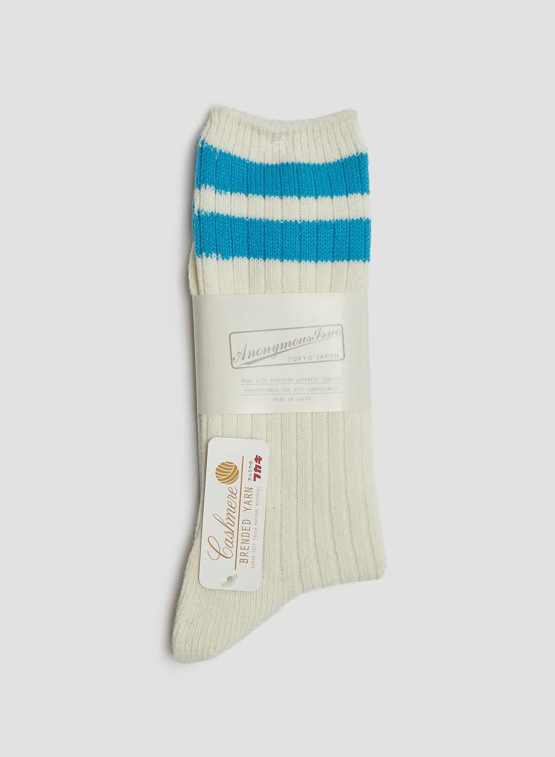 Anonymous Ism Wool Cashmere Neon Stripes Crew Sock in Off White