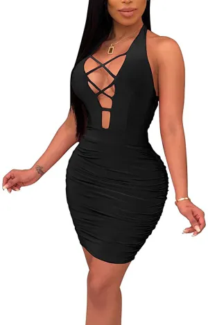 Antopmen Women Summer V Neck Sleeveless Front Lace Up Backless Ruched Bodycon Mini Club Dress