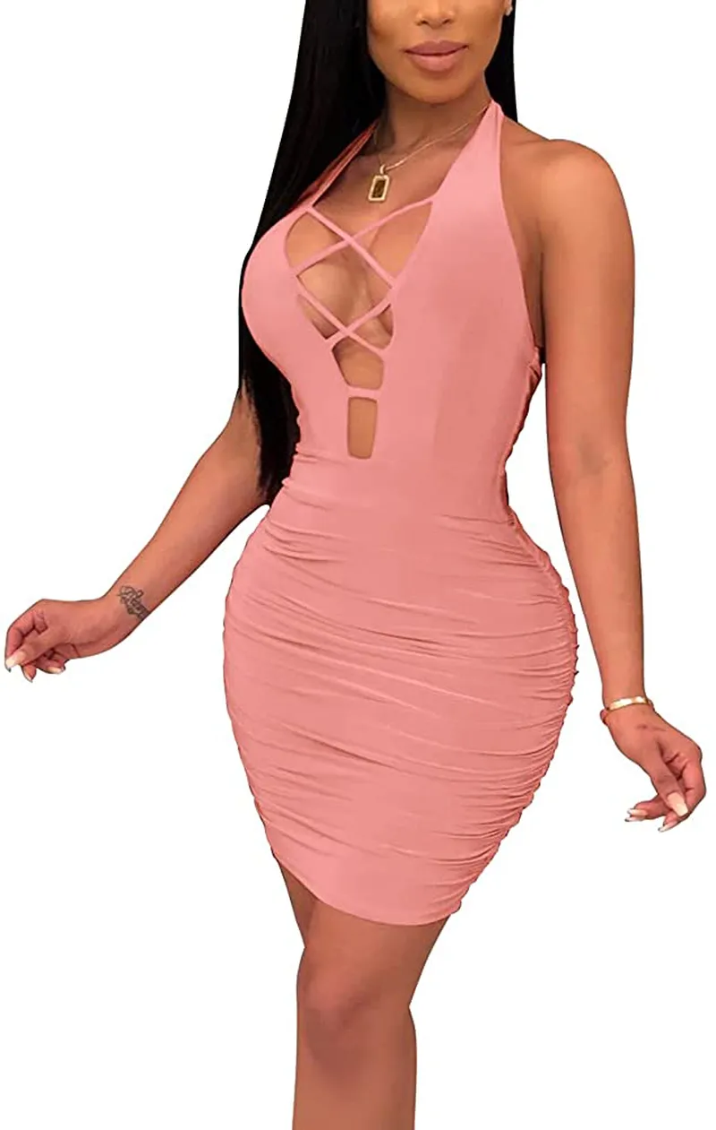 Antopmen Women Summer V Neck Sleeveless Front Lace Up Backless Ruched Bodycon Mini Club Dress