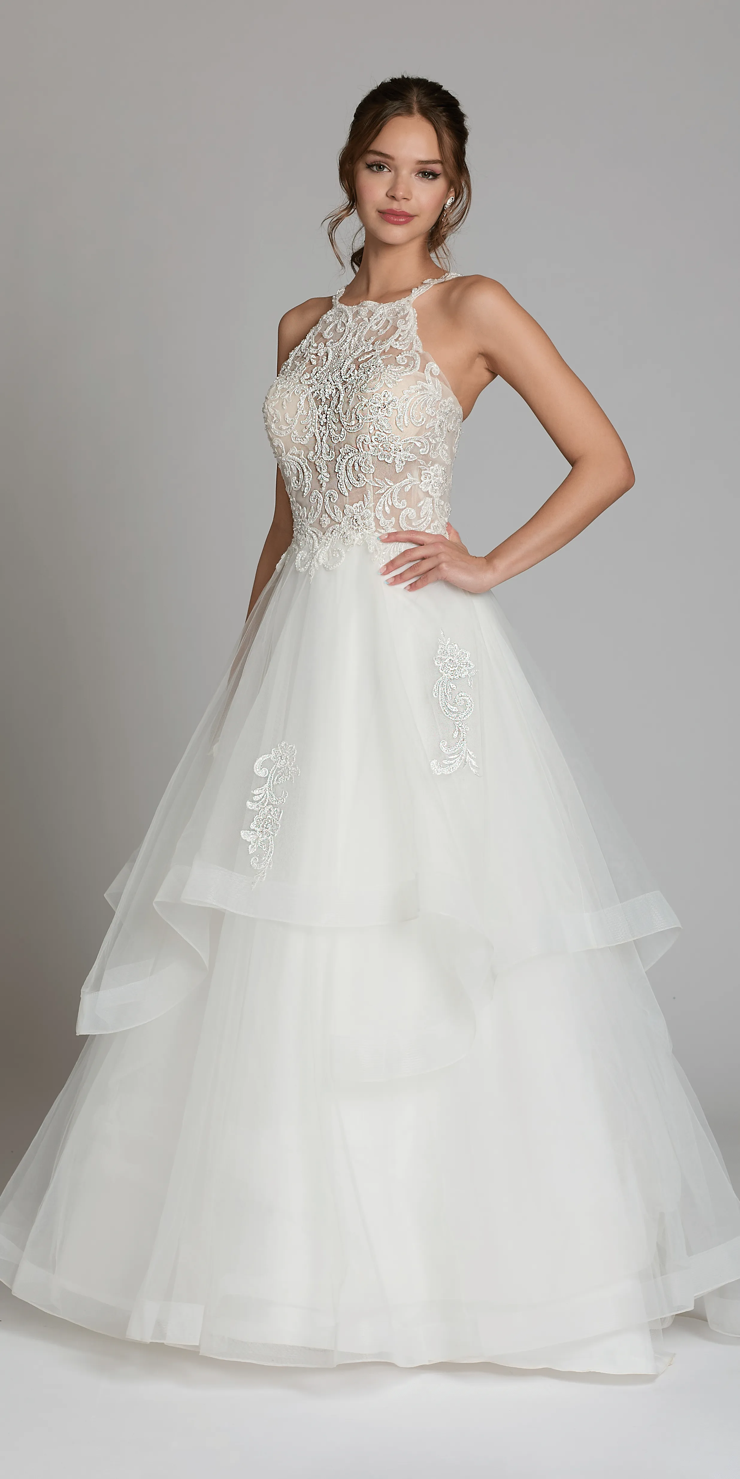 Beaded Lace Applique Cleo Neck Tulle Tiered Ballgown