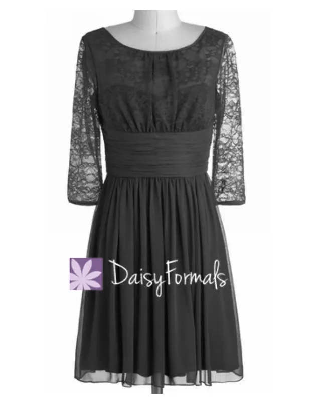 Black Long Sleeves Lace Party Dress Vintage 3/4 Sleeves Lace Bridesmaid Dress (BM2529AS)