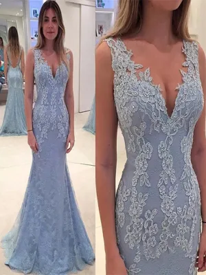 Blue V-Neck Backless Mermaid Wedding Dresses with Lace, WD23022622