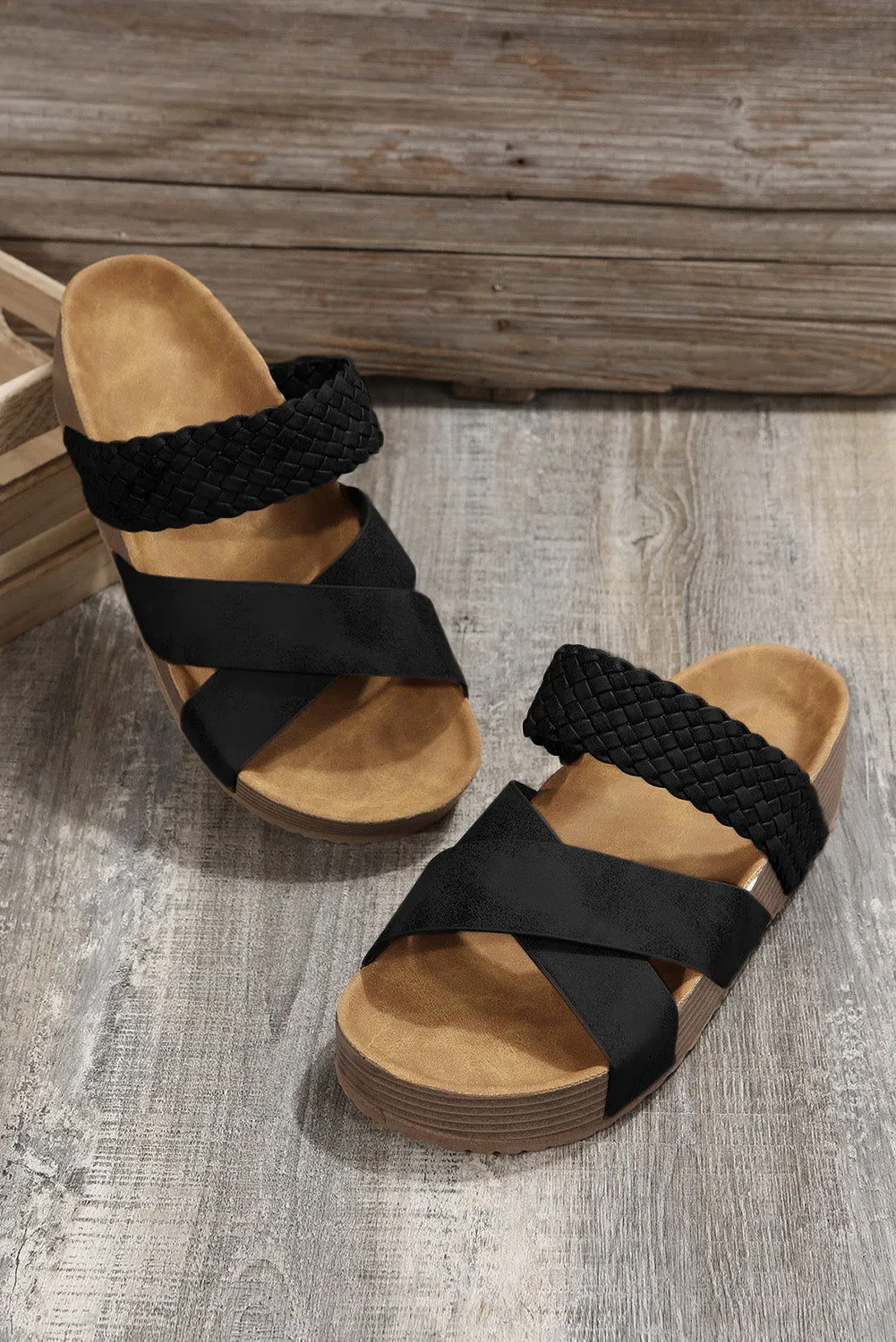 Brown Braided Detail Criss Cross Platform Slides Shoes