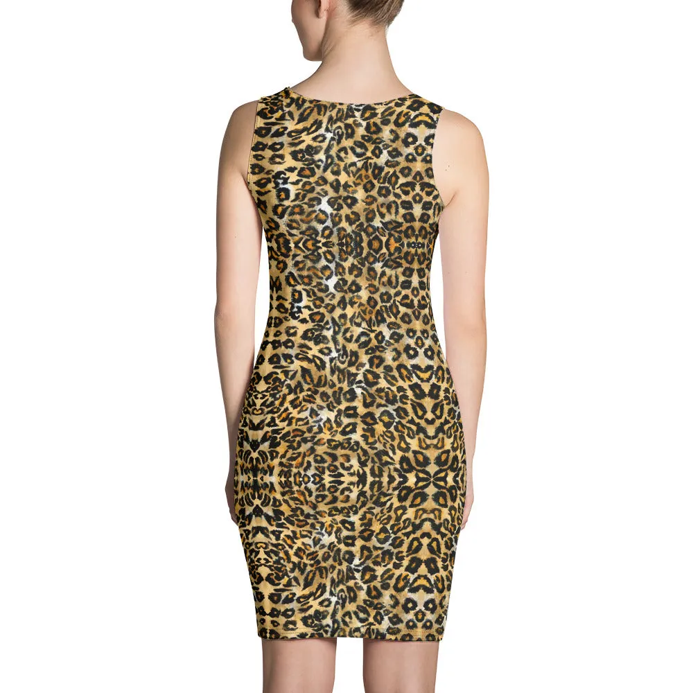 Brown Leopard Animal Print Dress, Women's Sexy Sleeveless Tank Dress-Made in USA/EU