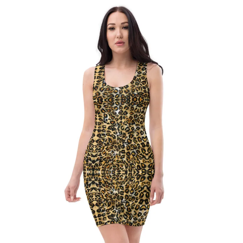 Brown Leopard Animal Print Dress, Women's Sexy Sleeveless Tank Dress-Made in USA/EU