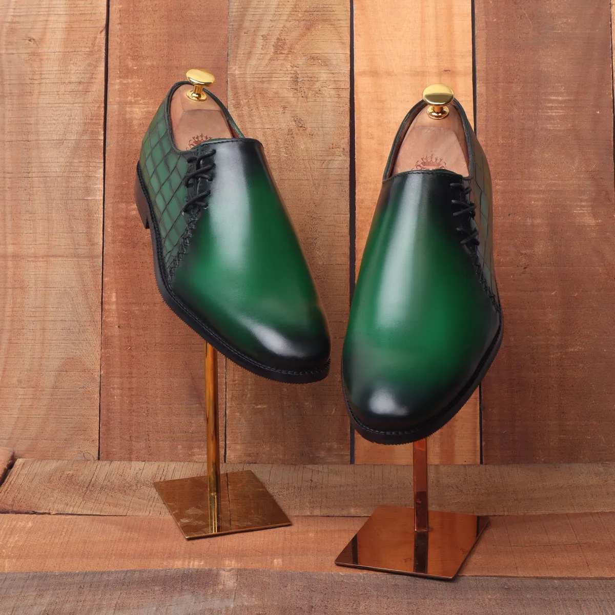 Burnished Green Cross Stitched Side Lacing with Quarter Smokey Croco Leather Shoes by Brune & Bareskin