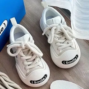 Casual Black & White Canvas Sneakers, Cute Round Head Unisex Shoes, Thick Shoe Lace with Charms Sneakers for Men and Women, Everyday Flats