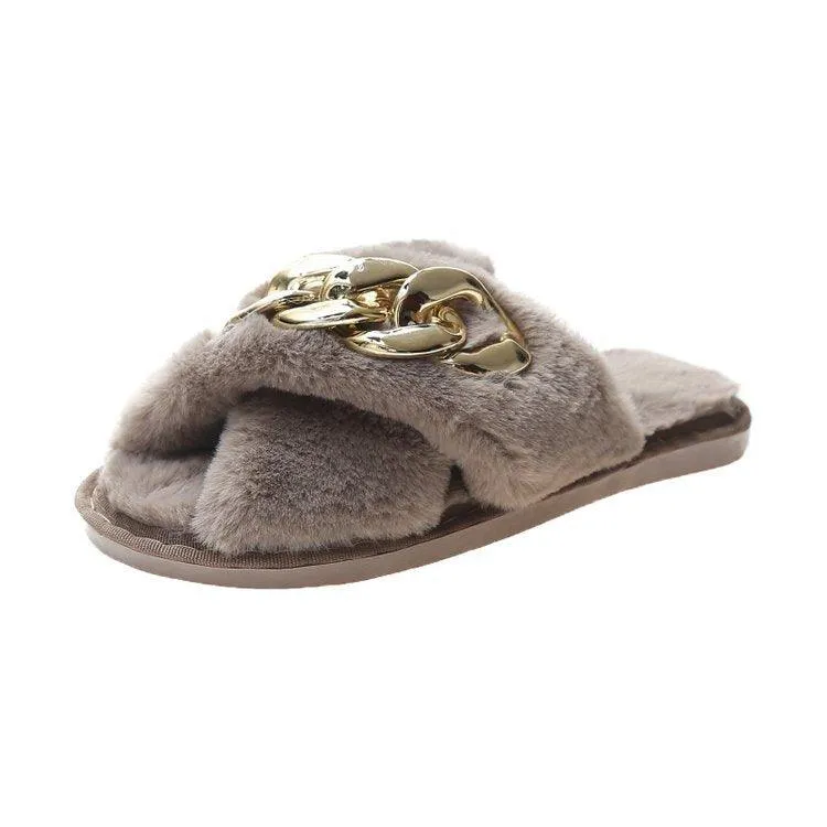 Classic Cross Fur Designed Brown Slipper