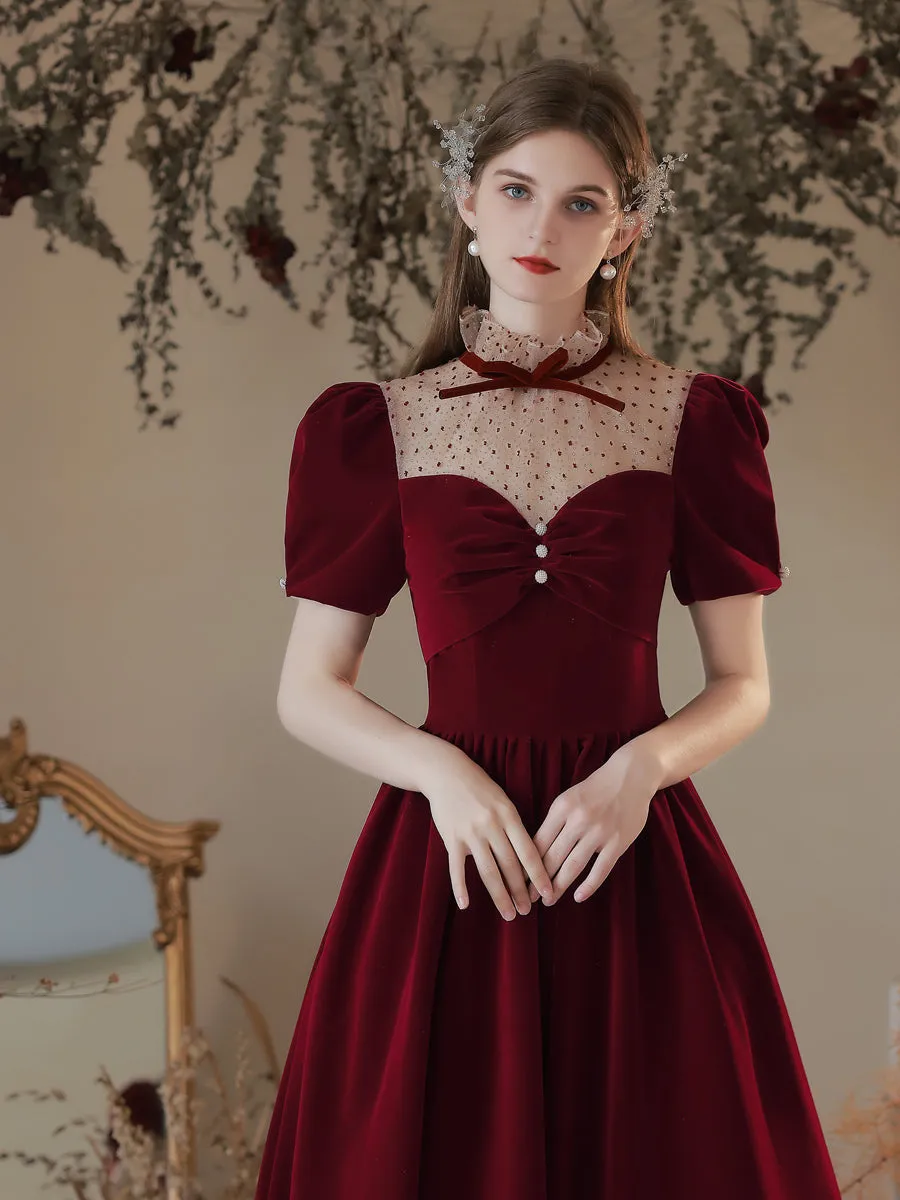 Classy Vintage Princess Burgundy Velvet Long Prom Dress