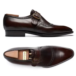 CORTHAY Paris "Arca Buckle" Brown Calf Leather Brogue Single Monk Shoes Size 8 NEW