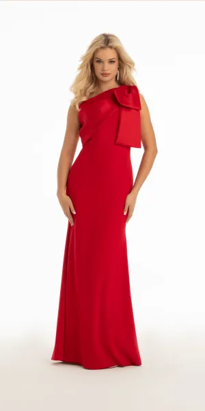 Crepe One Shoulder Trumpet Dress with Bow Detail