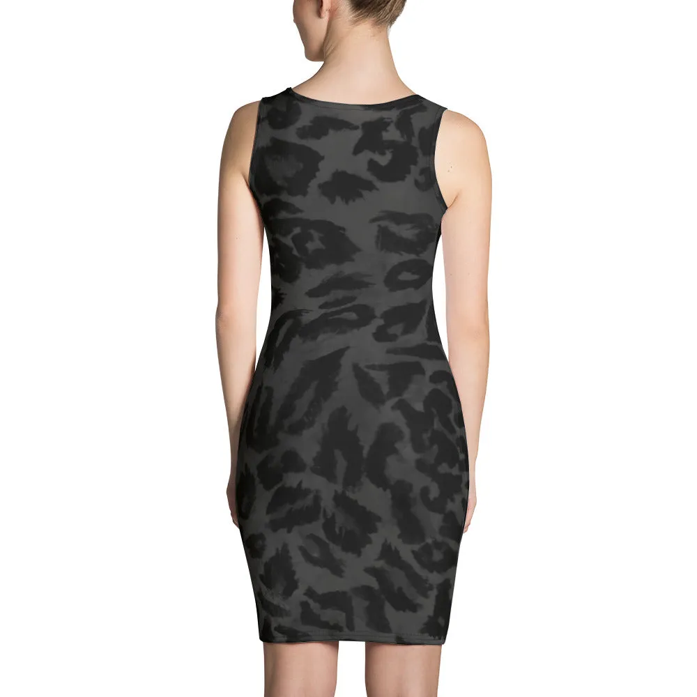 Dark Black Gray Leopard Animal Print Women's One Piece Dress - Made in USA/ Europe