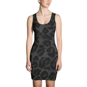 Dark Black Gray Leopard Animal Print Women's One Piece Dress - Made in USA/ Europe