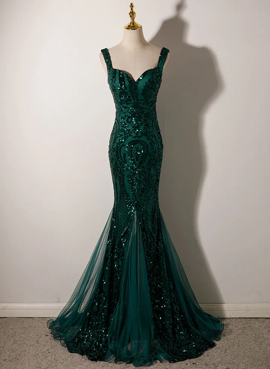 Dark Green Mermaid Tulle with Sequins Straps Party Dress, Mermaid Long Formal Dress