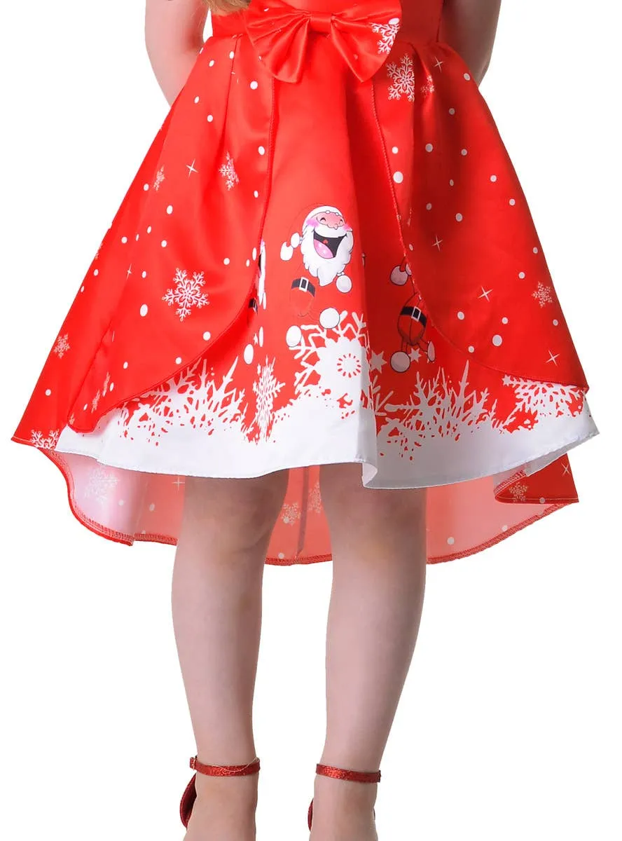 Deluxe Girls Red Santa Print Christmas Dress