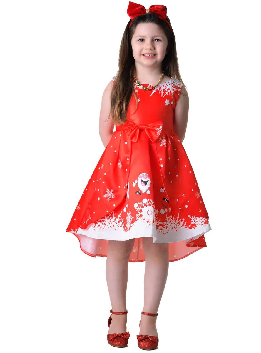 Deluxe Girls Red Santa Print Christmas Dress