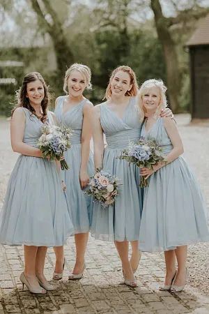 Dusty Blue A-Line Mid-Calf Ruched Chiffon Bridesmaid Dress