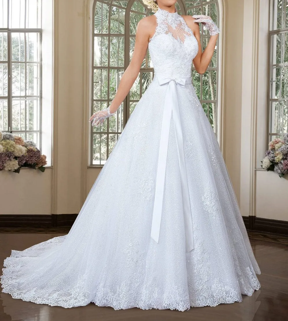 Elegant A Line High Neck Wedding Dress with Detachable Skirt