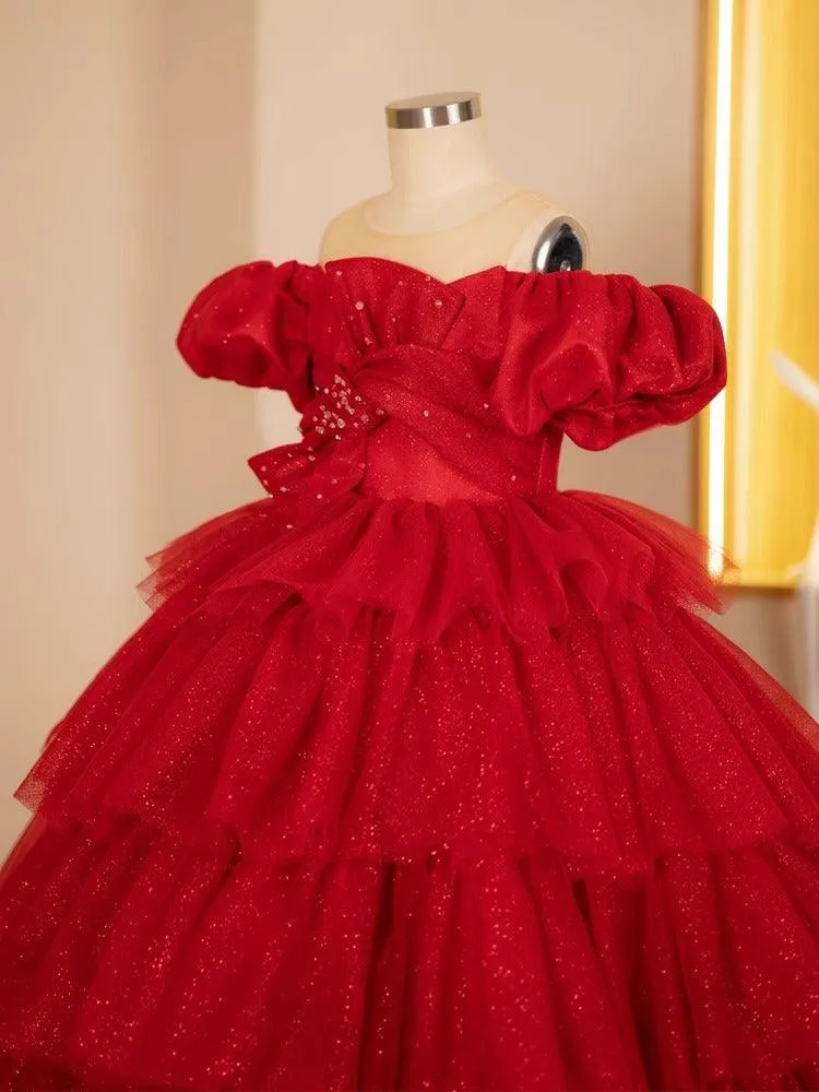 Elegant Red Princess Dress Luxurious Red Gown Sparkling Layered Tutu Dress