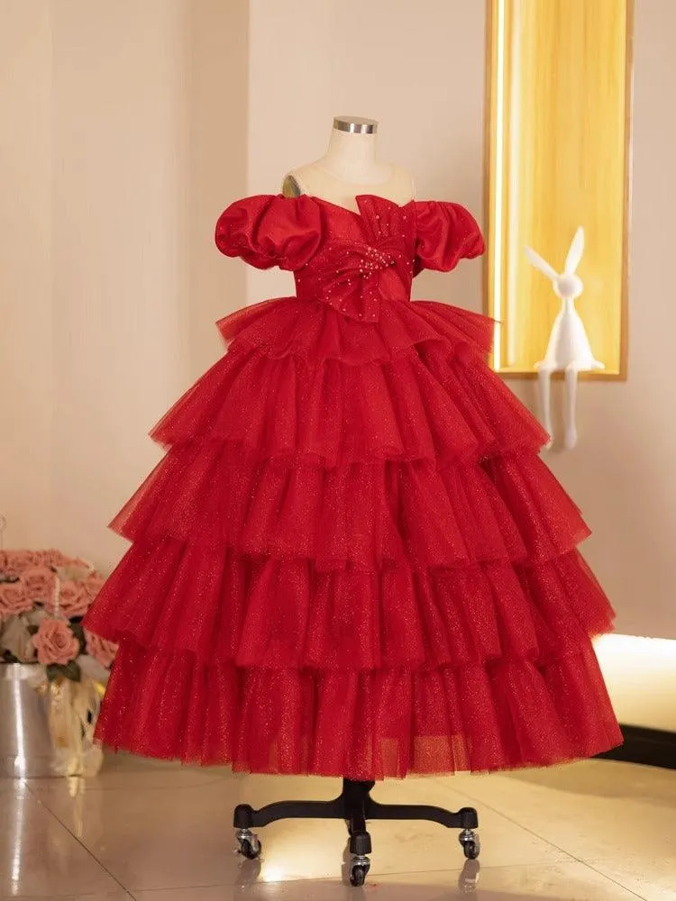 Elegant Red Princess Dress Luxurious Red Gown Sparkling Layered Tutu Dress