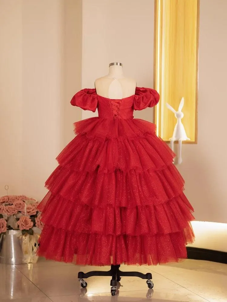 Elegant Red Princess Dress Luxurious Red Gown Sparkling Layered Tutu Dress