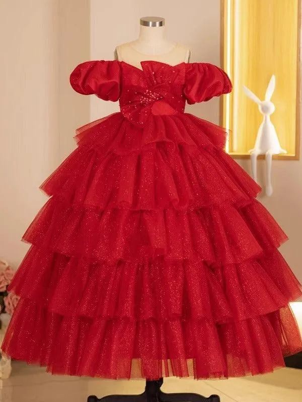 Elegant Red Princess Dress Luxurious Red Gown Sparkling Layered Tutu Dress