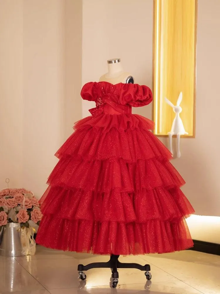 Elegant Red Princess Dress Luxurious Red Gown Sparkling Layered Tutu Dress