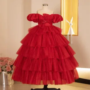 Elegant Red Princess Dress Luxurious Red Gown Sparkling Layered Tutu Dress