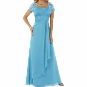 Evening Dress Chiffon Long Mother of the Bride Dress Short Sleeve Folding Wedding Guest Dress