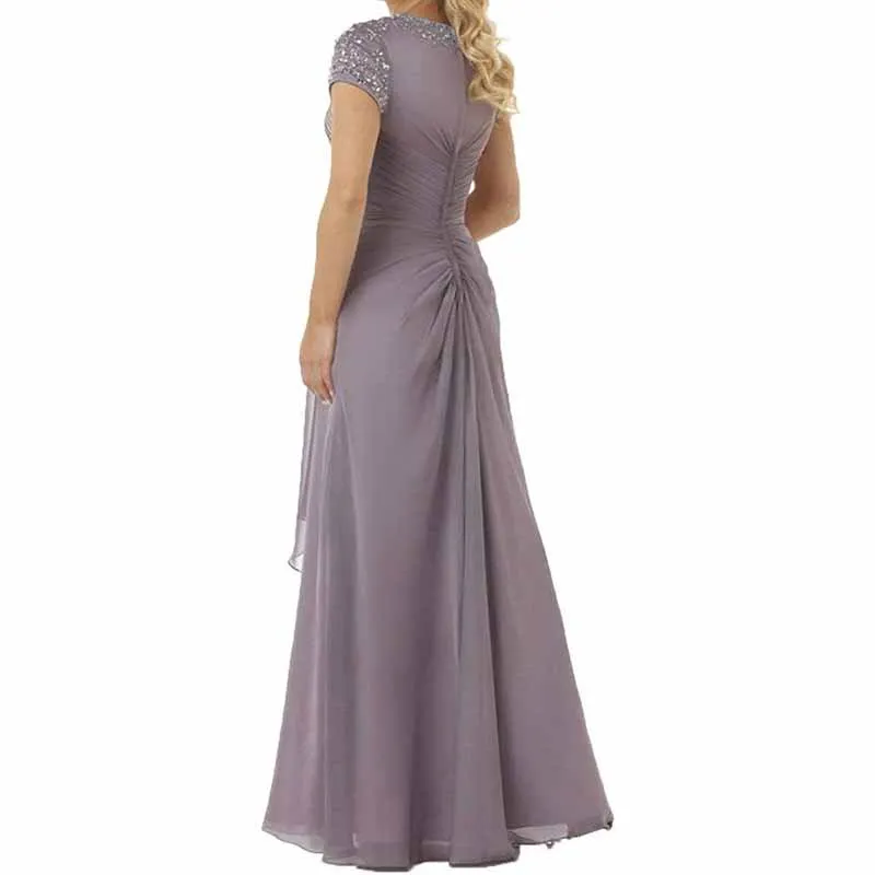 Evening Dress Chiffon Long Mother of the Bride Dress Short Sleeve Folding Wedding Guest Dress