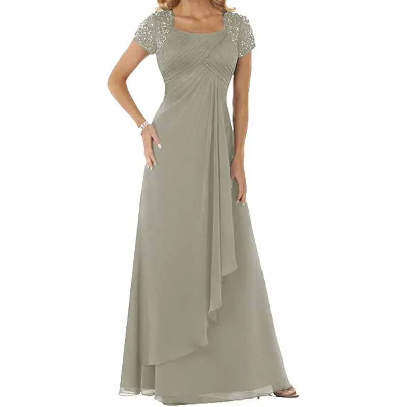 Evening Dress Chiffon Long Mother of the Bride Dress Short Sleeve Folding Wedding Guest Dress