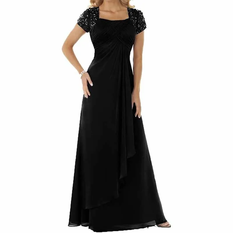 Evening Dress Chiffon Long Mother of the Bride Dress Short Sleeve Folding Wedding Guest Dress