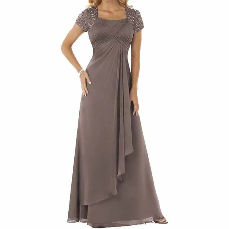 Evening Dress Chiffon Long Mother of the Bride Dress Short Sleeve Folding Wedding Guest Dress