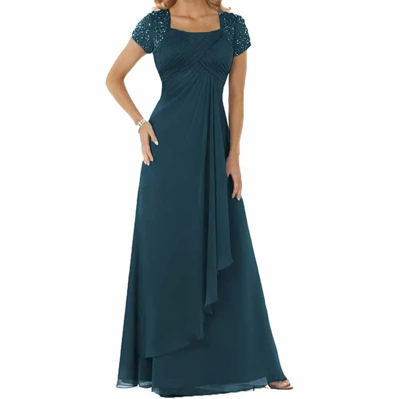 Evening Dress Chiffon Long Mother of the Bride Dress Short Sleeve Folding Wedding Guest Dress