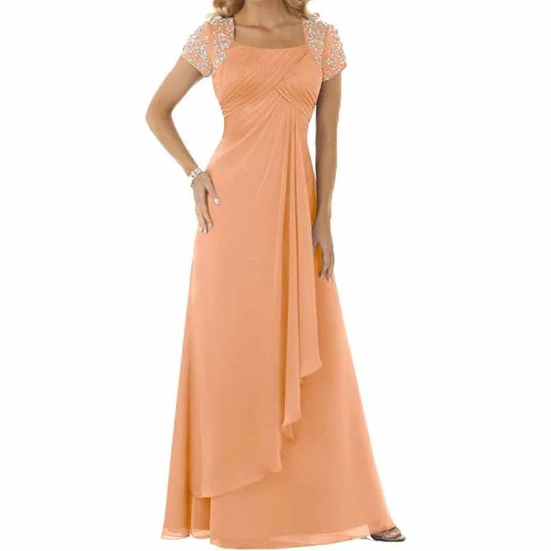 Evening Dress Chiffon Long Mother of the Bride Dress Short Sleeve Folding Wedding Guest Dress