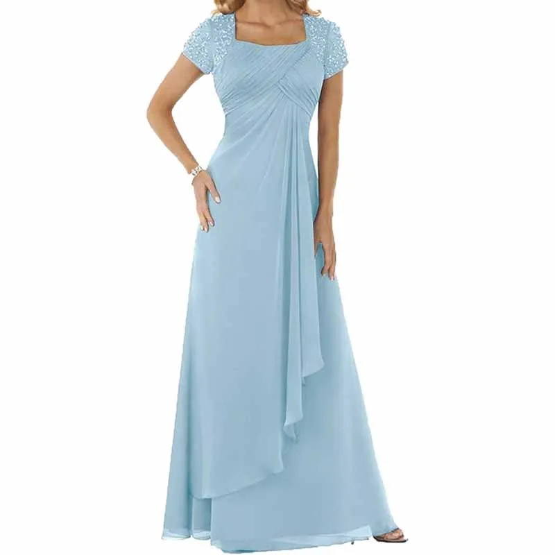 Evening Dress Chiffon Long Mother of the Bride Dress Short Sleeve Folding Wedding Guest Dress