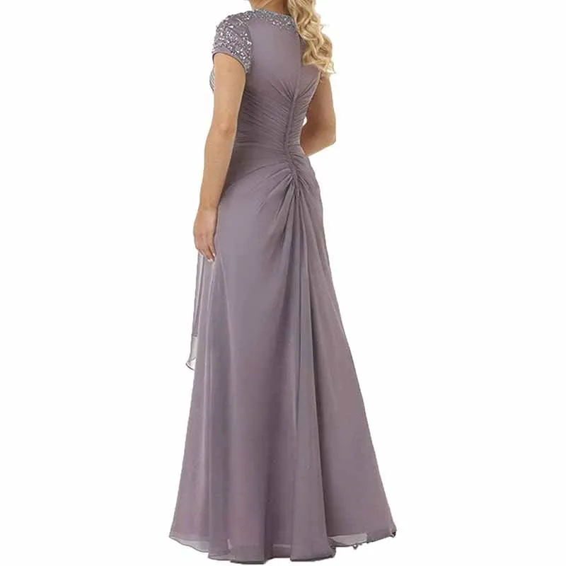 Evening Dress Chiffon Long Mother of the Bride Dress Short Sleeve Folding Wedding Guest Dress