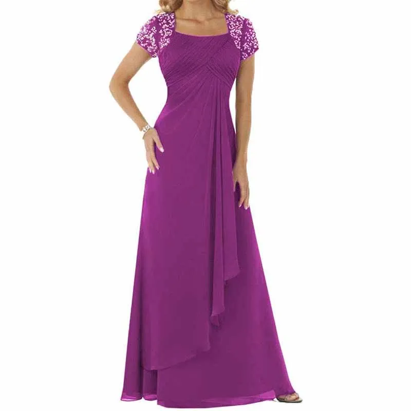 Evening Dress Chiffon Long Mother of the Bride Dress Short Sleeve Folding Wedding Guest Dress