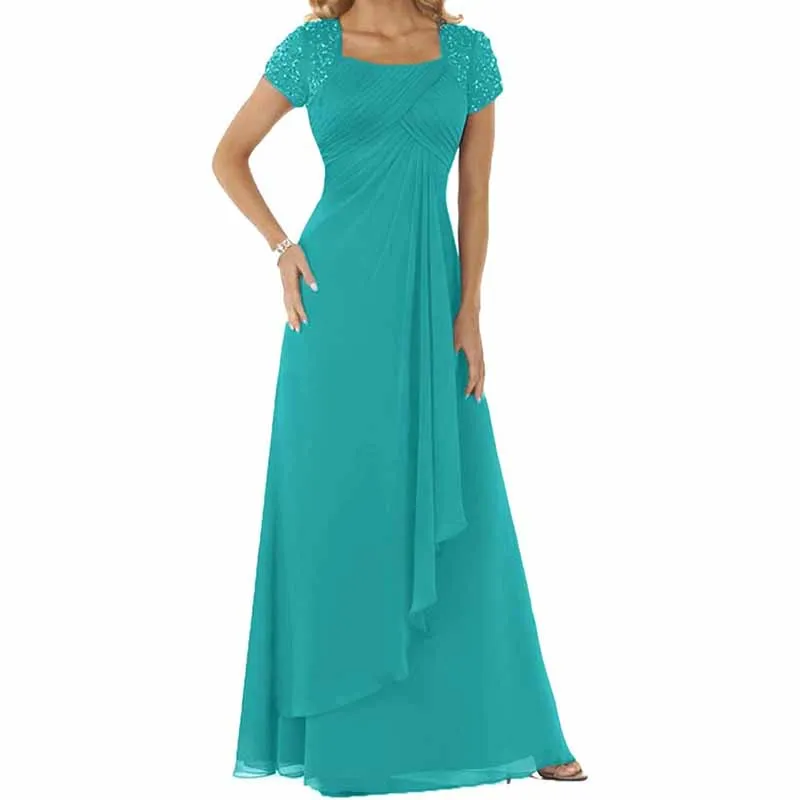 Evening Dress Chiffon Long Mother of the Bride Dress Short Sleeve Folding Wedding Guest Dress